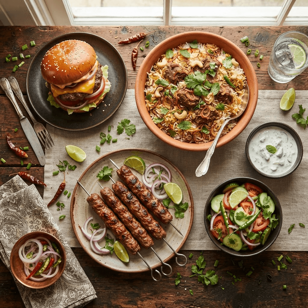 A spread of burgers, biryani, and grilled kebabs